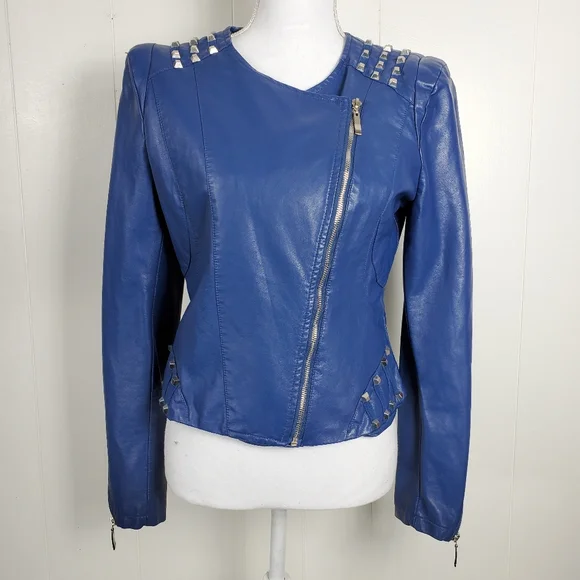 Moto biker blue studded faux leather coat size small - Picture 11 of 11